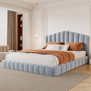 Velvet Upholstered Queen Bed with Shell-Shaped Headboard