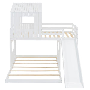 Loft Bunk Bed With Playhouse, Farmhouse, Ladder, Slide And Guardrails