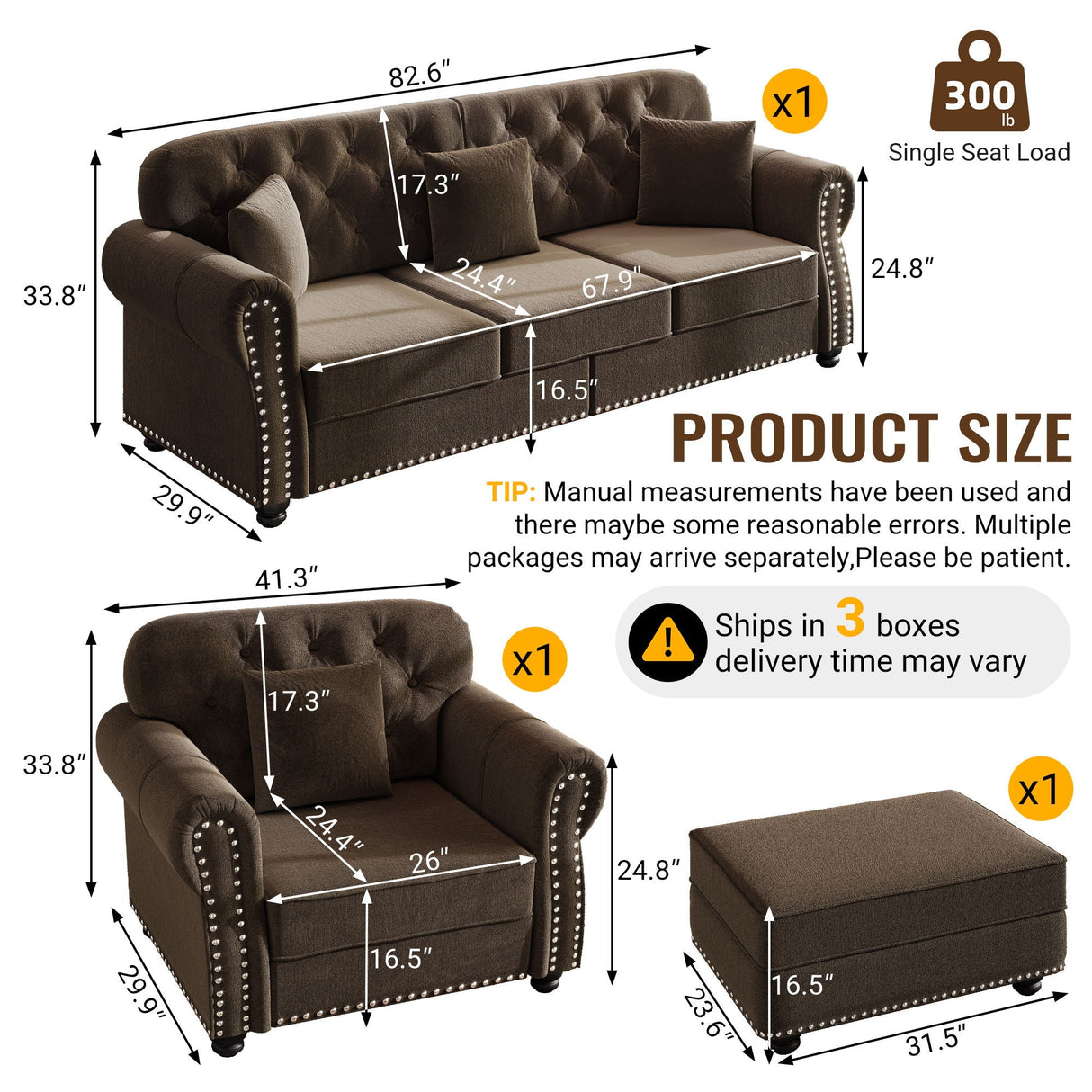Upholstered Sofa Set With Nailhead Trim and Rolled Armrests, Includes Pillows