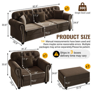 Upholstered Sofa Set With Nailhead Trim and Rolled Armrests, Includes Pillows