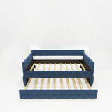 Blue Upholstered Twin Size Daybed with Trundle Velvet Fabric No Box Spring Required
