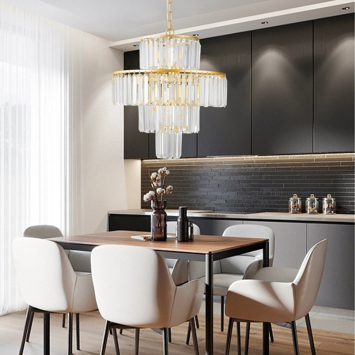20' Modern Crystal Chandelier with Gold Finish, 4-Tier Design for Dining Room or Living Room, Elegant Crystal Pendant Light Fixture (Bulb Not Included)