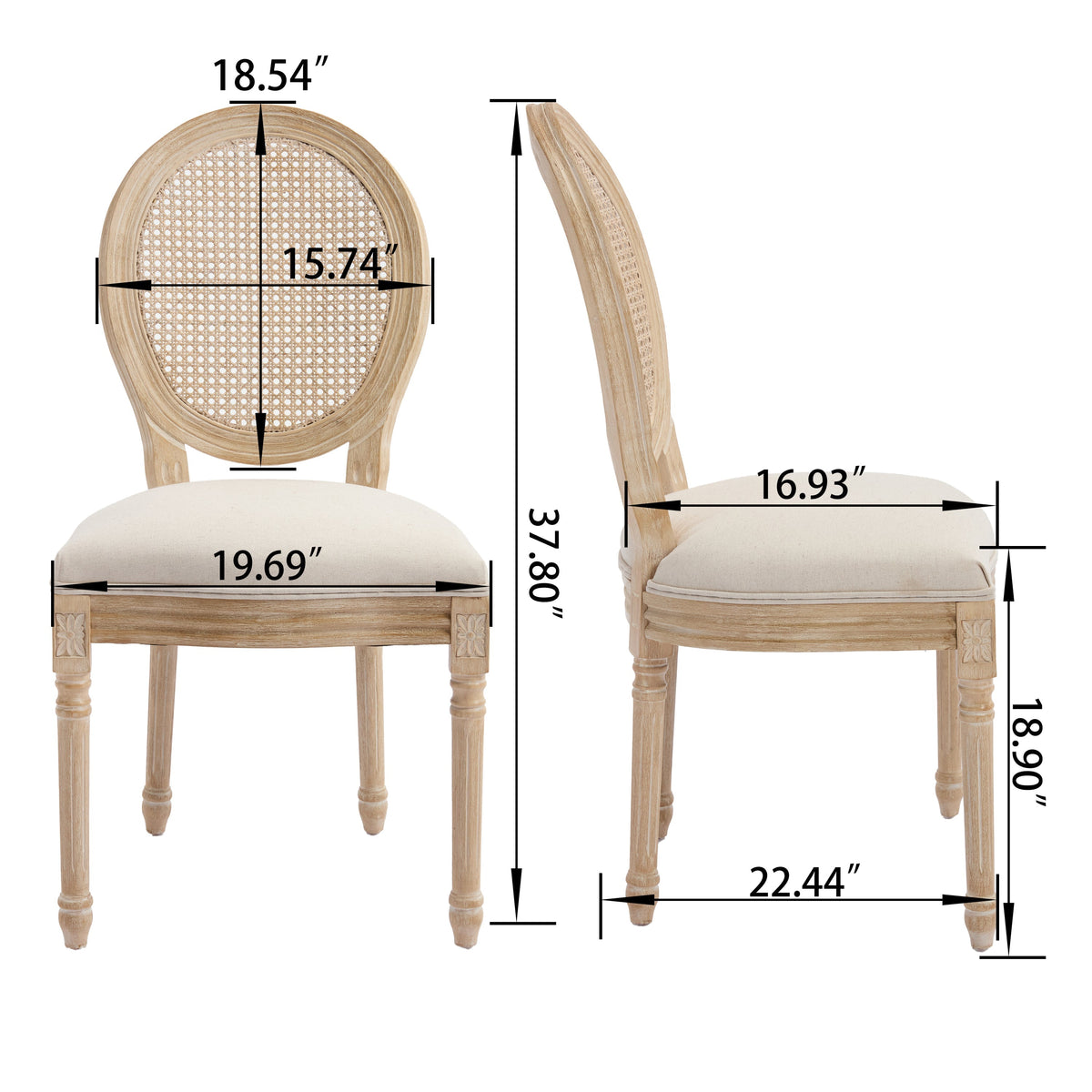 French Country Dining Chairs Set of 2 with Rattan Back - Beige Upholstery