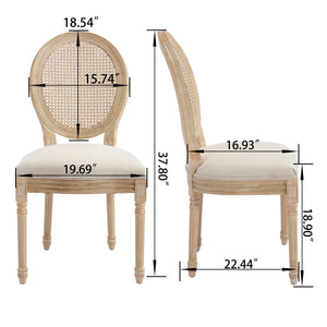 French Country Dining Chairs Set of 2 with Rattan Back - Beige Upholstery