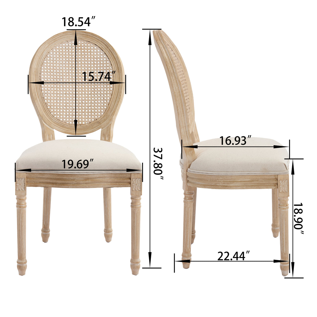 French Country Dining Chairs Set of 2 Upholstered with Rattan Back