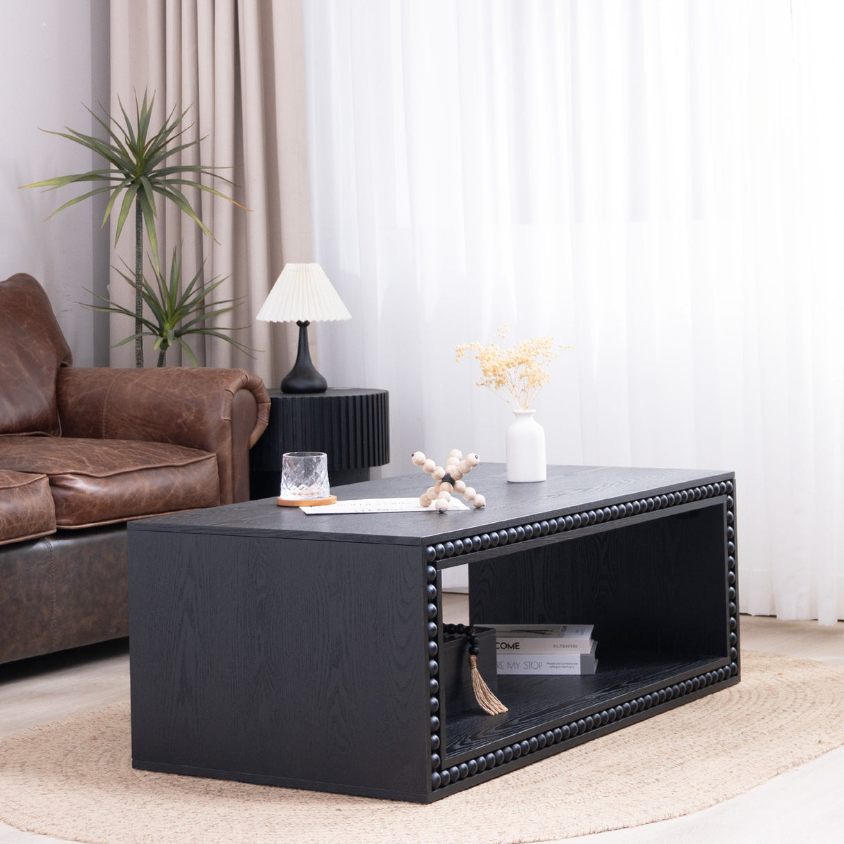 Black Beaded Edge Coffee Table – 47.6' Rectangular Center Table with Open Storage Shelf, Modern Farmhouse Style, Solid Black Finish