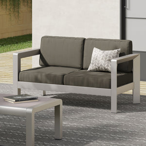 Outdoor Aluminum Loveseat with Deep Cushions - Silver
