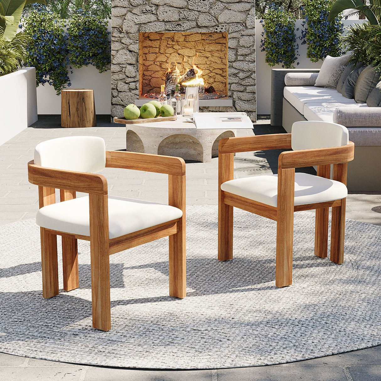 Set of 2 Outdoor Acacia Wood Dining Chairs with Cushions