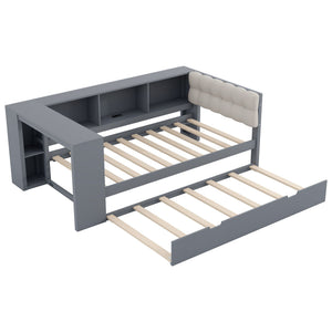 Upholstered Headboard Platform Bed with Storage Shelves, Trundle, and Charging Station