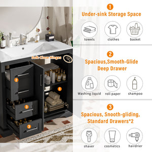 Bathroom Vanity With Sink, Soft Close Doors, Adjustable Shelf & 3 Drawers