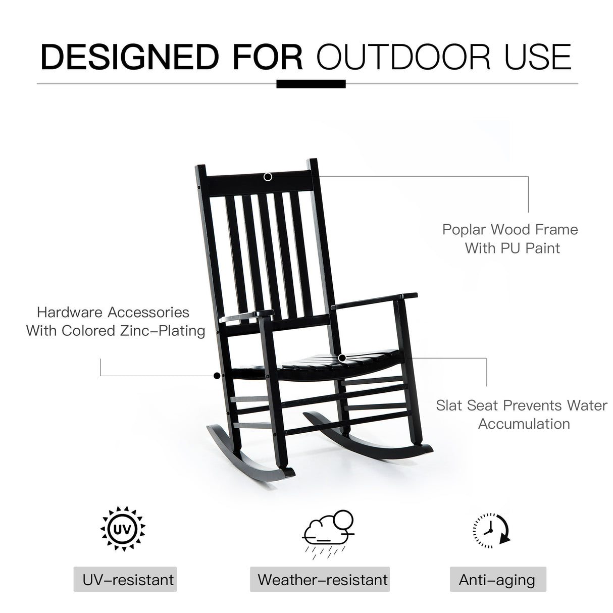 Outsunny outdoor rocking chair, patio wooden rocking chair with smooth armrests, high back for garden, balcony, porch, supports up to 352 lbs., black