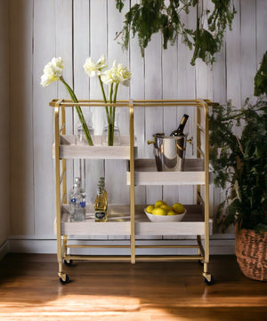 Gold & White Washed Finish Serving Cart with Removable Wooden Trays