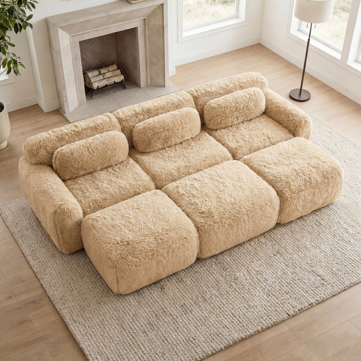 3-Seater Soft Plush Fabric Sofa With Movable Ottoman