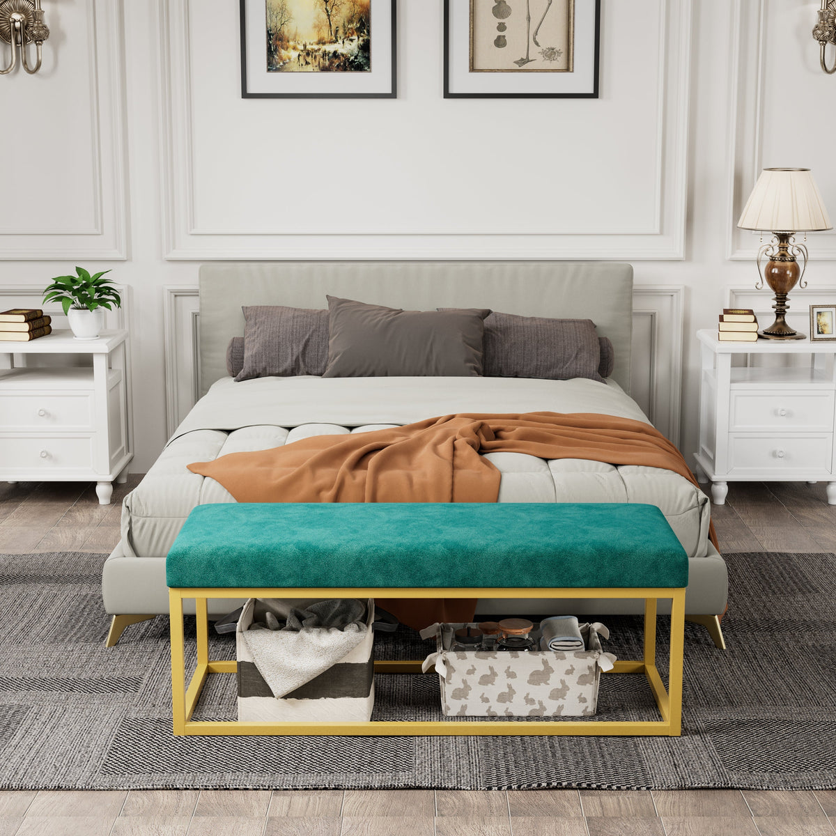 Mid-Century Modern Storage Bench for Entryway with Steel Frame - Synthetic Leather