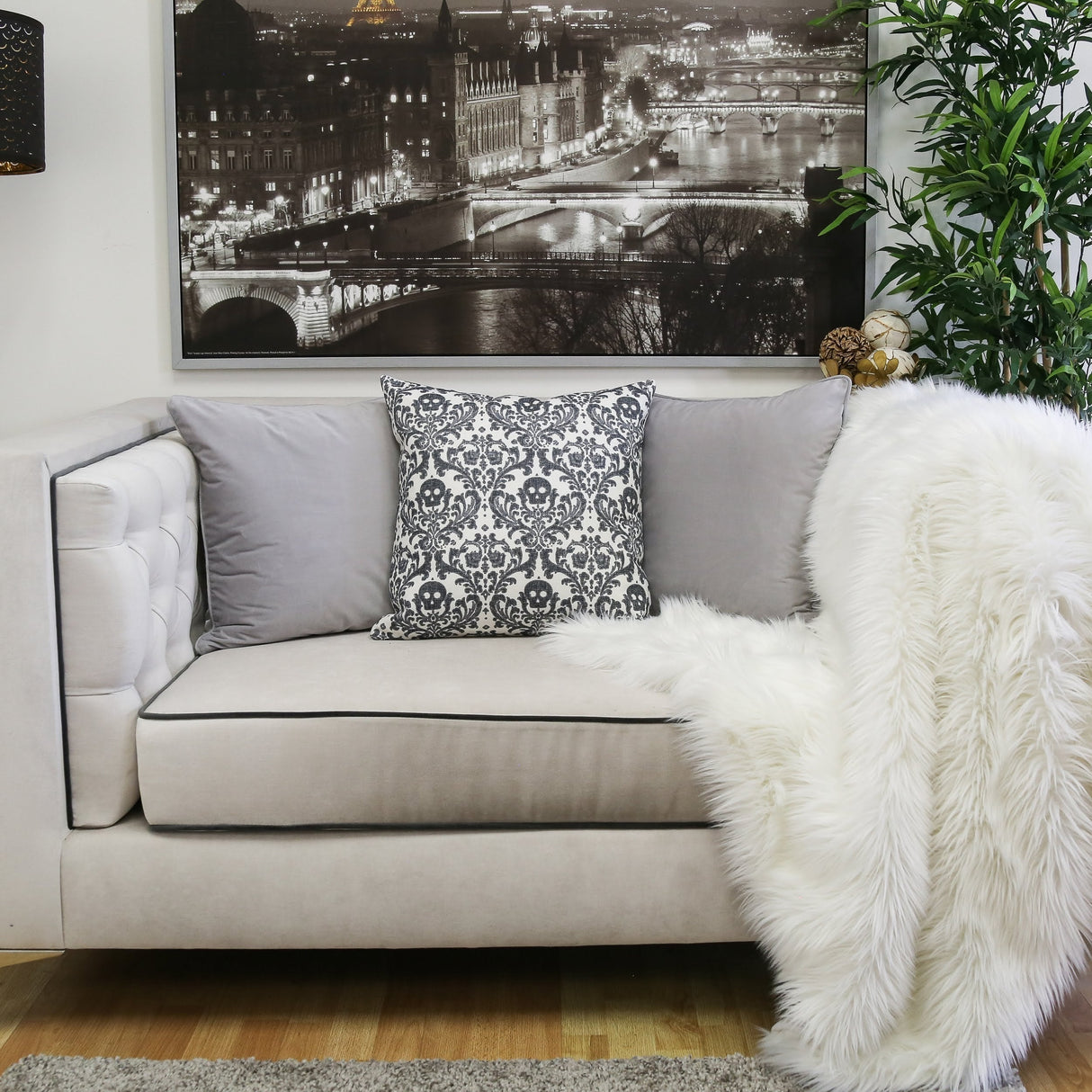 Baroque Skull Damask Accent Pillow – Black & White Day of the Dead Accent Cushion