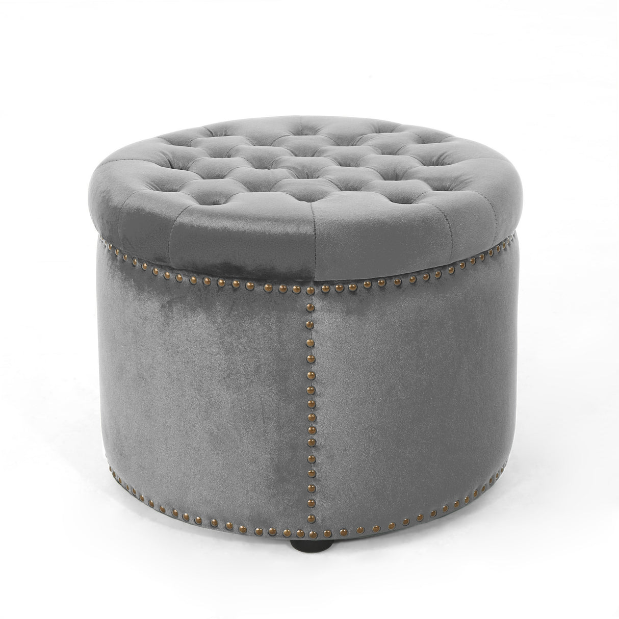 Elegant Round Ottoman Footstool with Grey Velvet Upholstery and Studded Rim