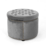 Elegant Round Ottoman Footstool with Grey Velvet Upholstery and Studded Rim