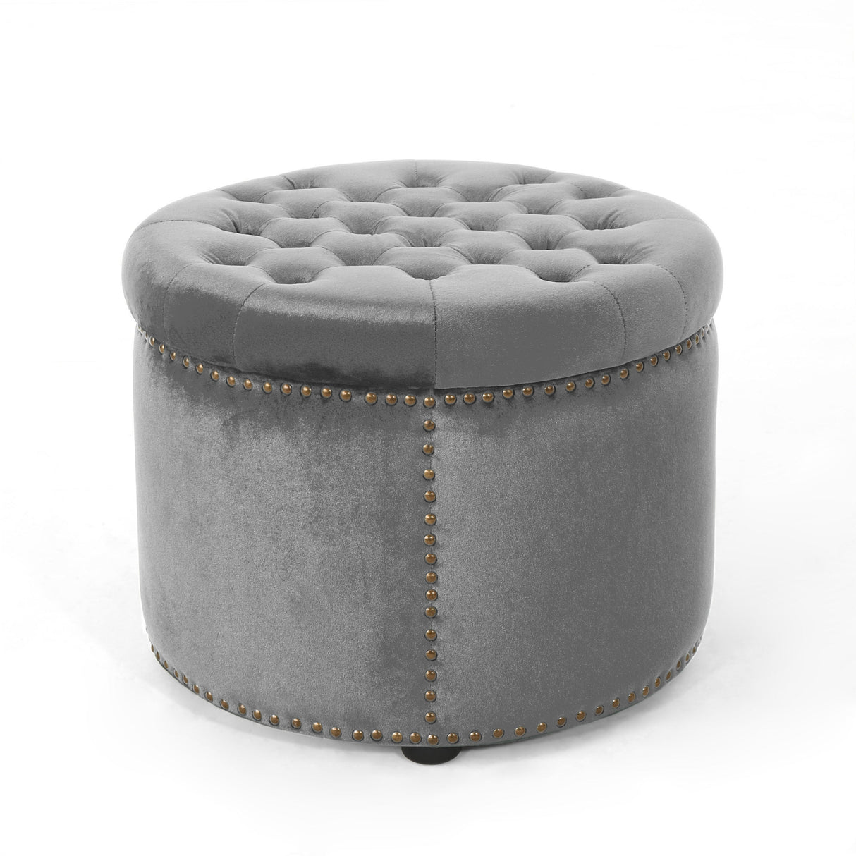 Elegant Round Ottoman Footstool with Grey Velvet Upholstery and Studded Rim