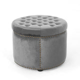 Elegant Round Ottoman Footstool with Grey Velvet Upholstery and Studded Rim