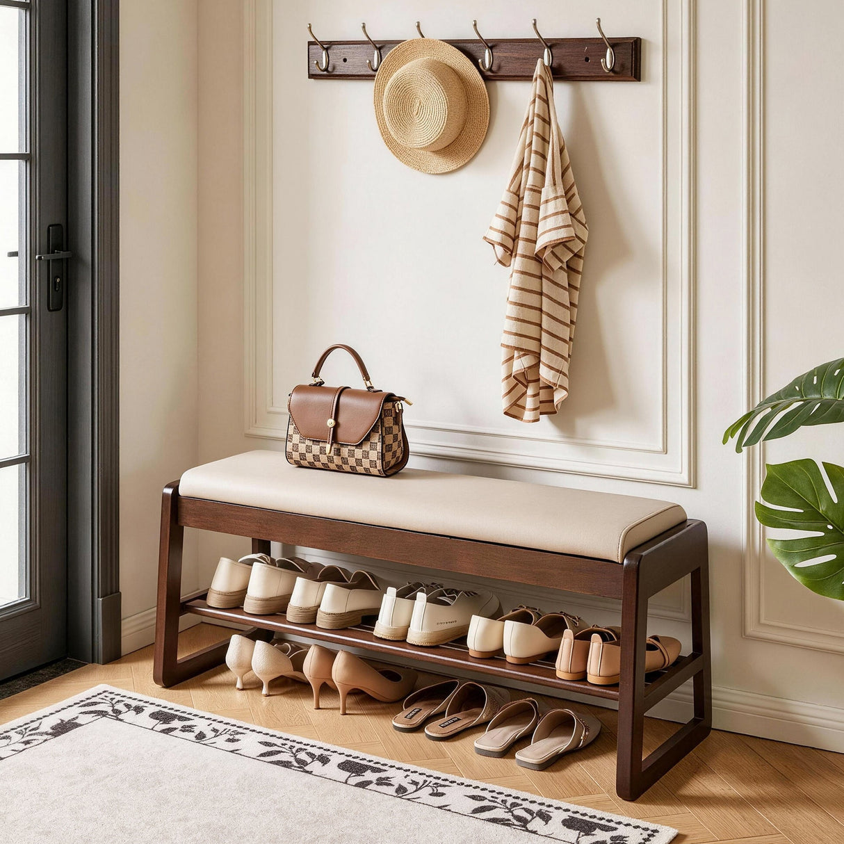 Wood Shoe Storage Bench with Premium Vegan Leather Seat