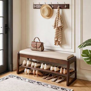 Wood Shoe Storage Bench with Premium Vegan Leather Seat
