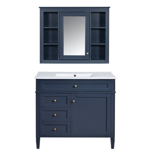 Bathroom Vanity with Mirror Cabinet, Single Sink with 2 Soft Closing Doors and 4 Drawers