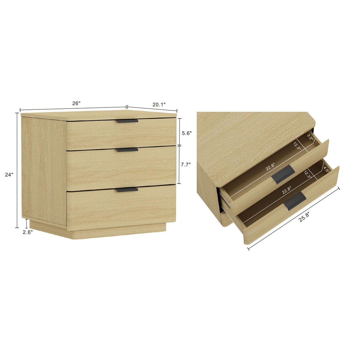Oak Nightstand with 3 Drawers and Metal Handles - Payton