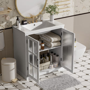 Modern Bathroom Vanity with Ceramic Sink and Tempered Blurred Glass Doors