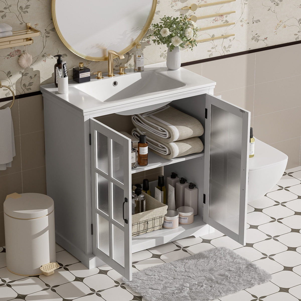 Modern Bathroom Vanity With Ceramic Sink, Tempered Blurred Glass Doors