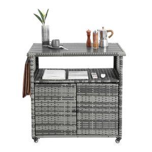 Outdoor Wicker Bar Cart with Glass Top and Wheels