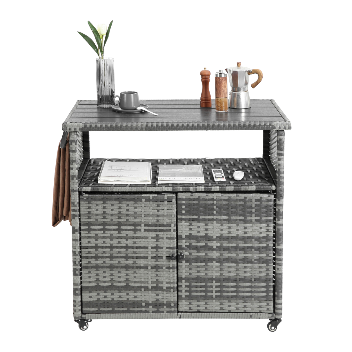 Outdoor Wicker Bar CartPatio Wine Serving Cart w/Wheels Rolling Rattan Beverage Bar Counter Table w/Glass Top for Porch Backyard Garden Poolside PartyLight brown