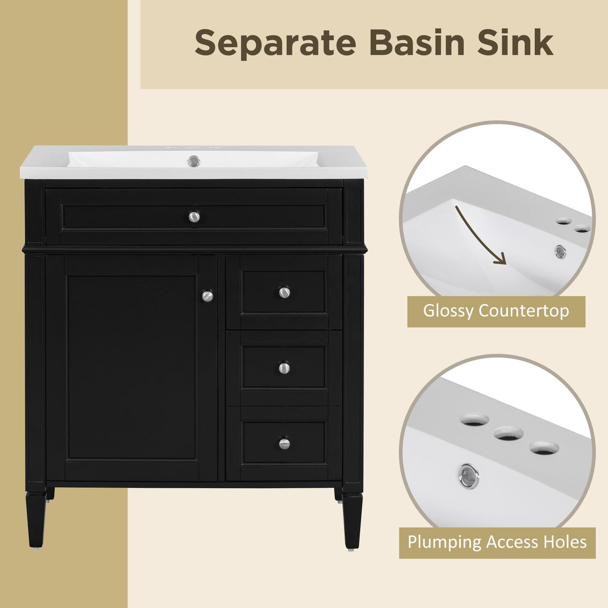 Bathroom Vanity With Top Sink, Storage Cabinet, 2 Drawers, Tip Out Drawer