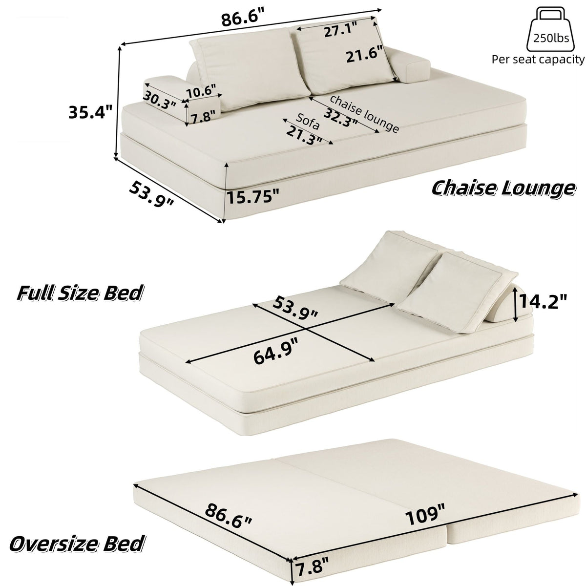 Convertible Fabric Futon Sofa Bed with Tumbler Backrests and Pillows - Gray or Beige