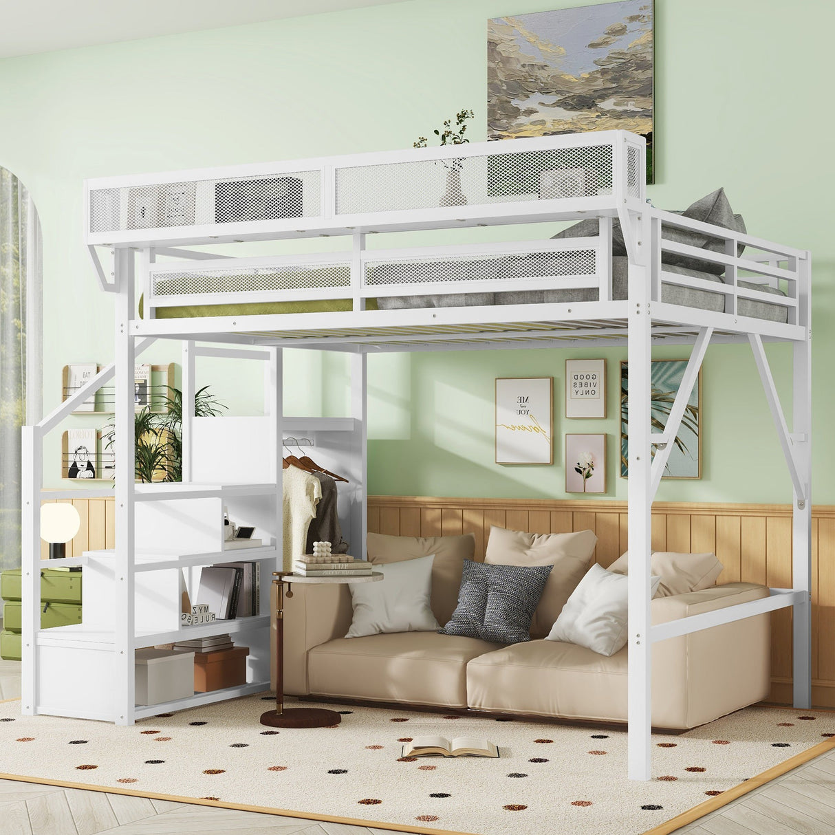 Queen Size Loft Bed with Stairs, Metal Queen Loft Bed with Storage Shelves