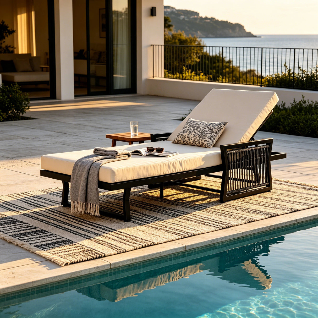 Black Iron Outdoor Chaise Lounge with Cream Cushion
