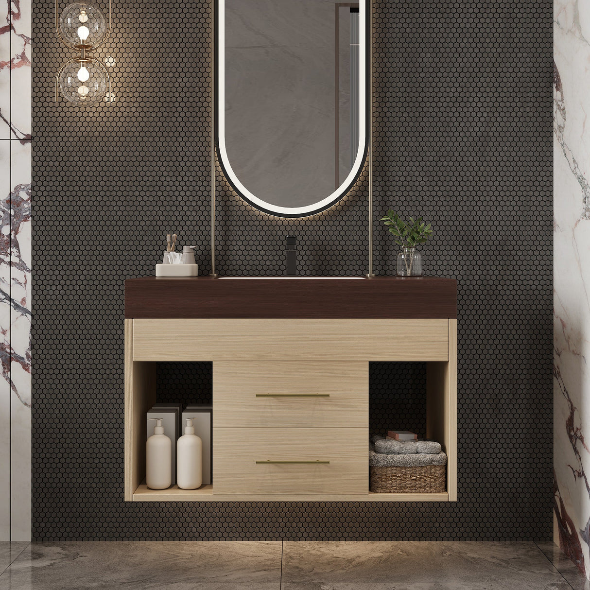 29.9" Modern Floating Bathroom Vanity with Sintered Stone Top