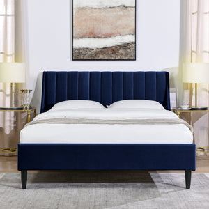 Aspen Vertical Tufted Headboard Platform Bed Set, Queen, Navy Blue Velvet
