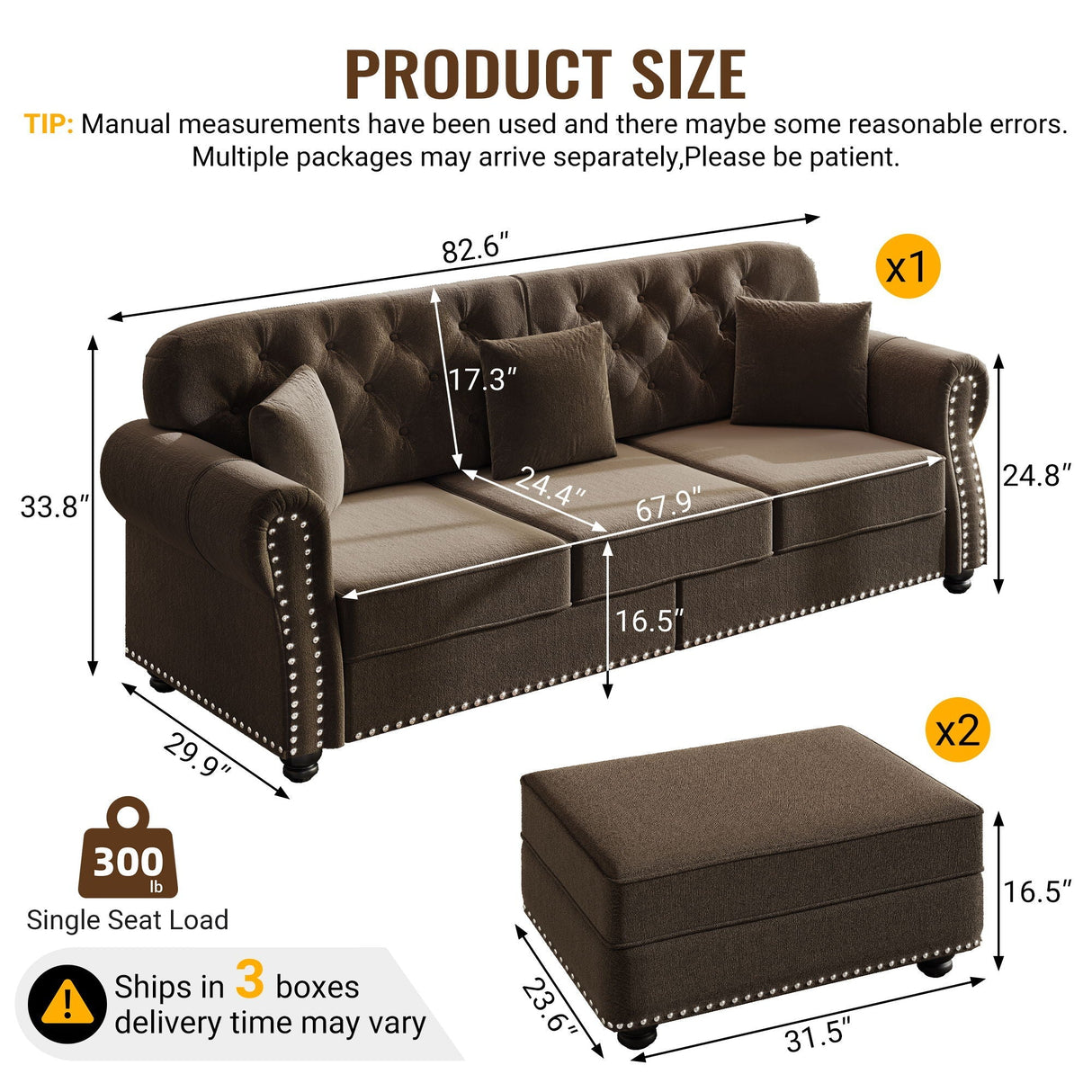 Upholstered Sofa Set With Nailhead Trim and Rolled Armrests, Includes Pillows