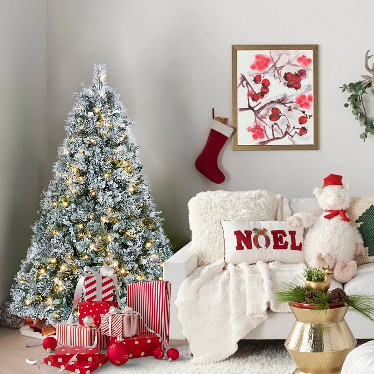 4FT Prelit Flocked Christmas Tree with Pine Needles & Eucalyptus Leaves - Flocked