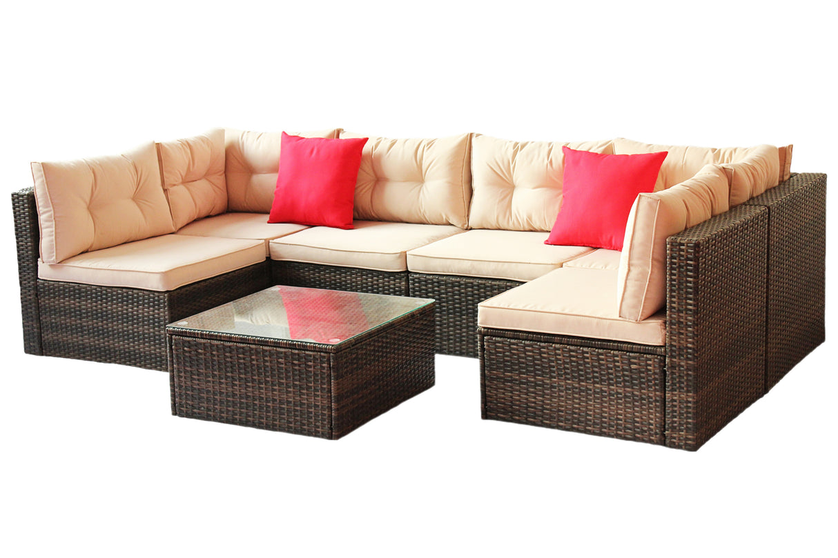 Rattan 7 pc sectional  corner sofa set (brown cushion)