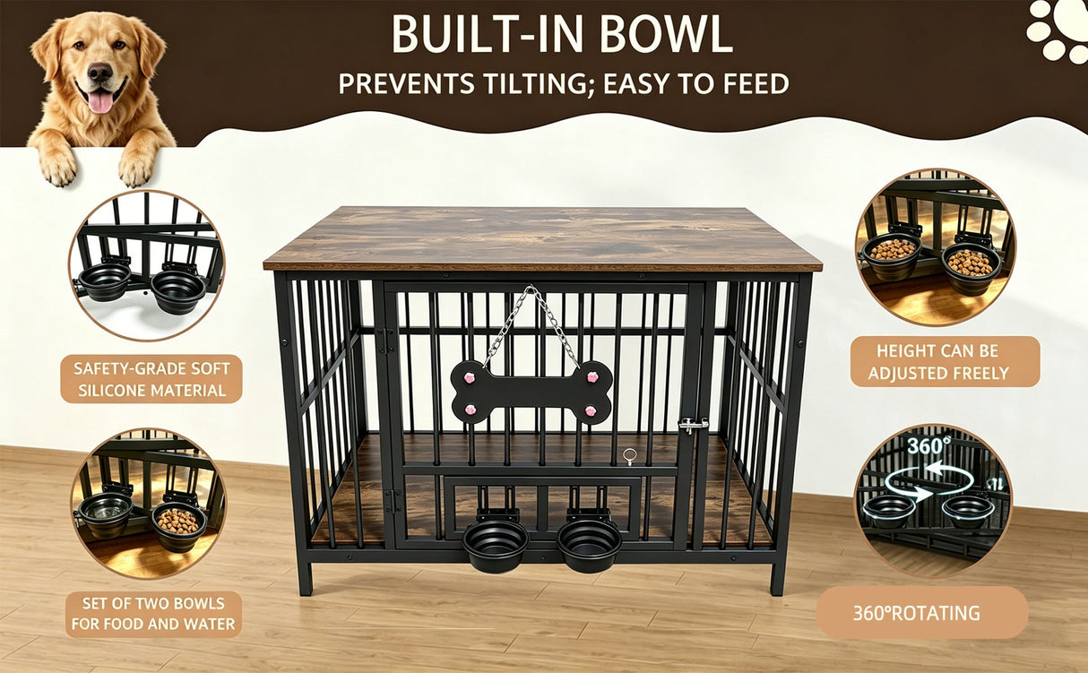 Vintage Wood Grain Dog Cage with Rotating Bowl