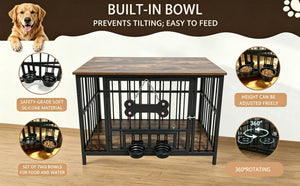 Vintage Wood Grain Dog Cage with Rotating Bowl