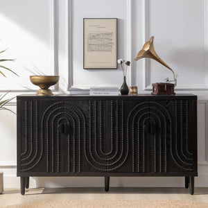 Modern Black Sideboard Cabinet with Decorative Nailhead Accents, Stylish Storage Solution for Dining, Living Rooms