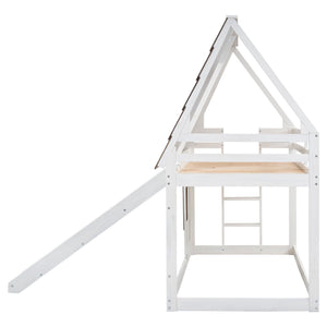 Wood Twin Size House Bunk Bed With Roof, Ladder And Slide - White / Brown