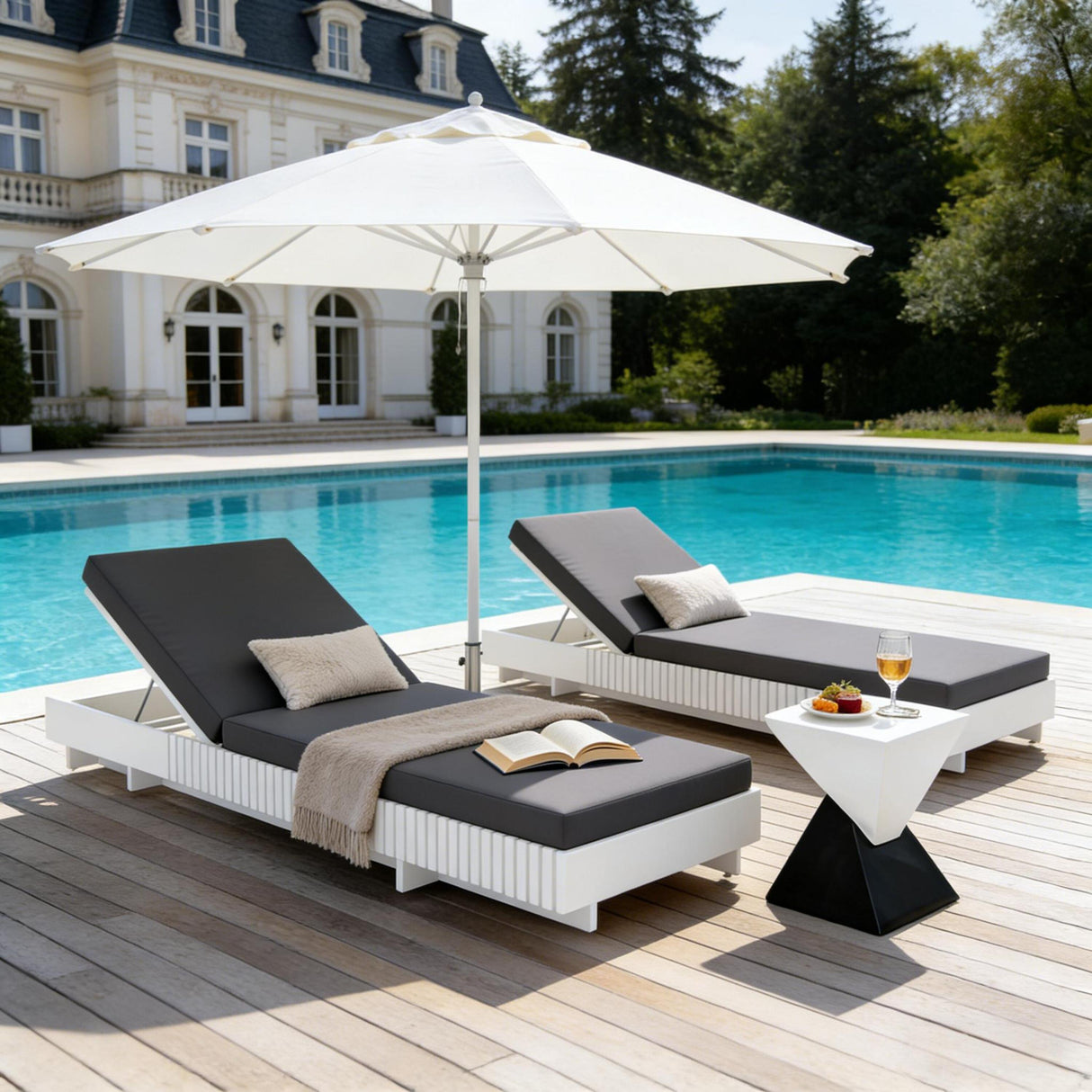 White Acacia Solid Wood Outdoor Chaise Lounge with Dark Grey Cushion