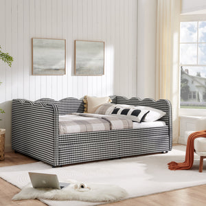 Full Size Cozy Gingham Daybed with Two Storage Drawers, with USB Port and Adorable Wave Shaped, Linen Fabric