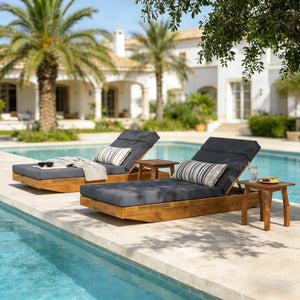 Modern Acacia Wood Outdoor Chaise Lounge with Adjustable Headrest