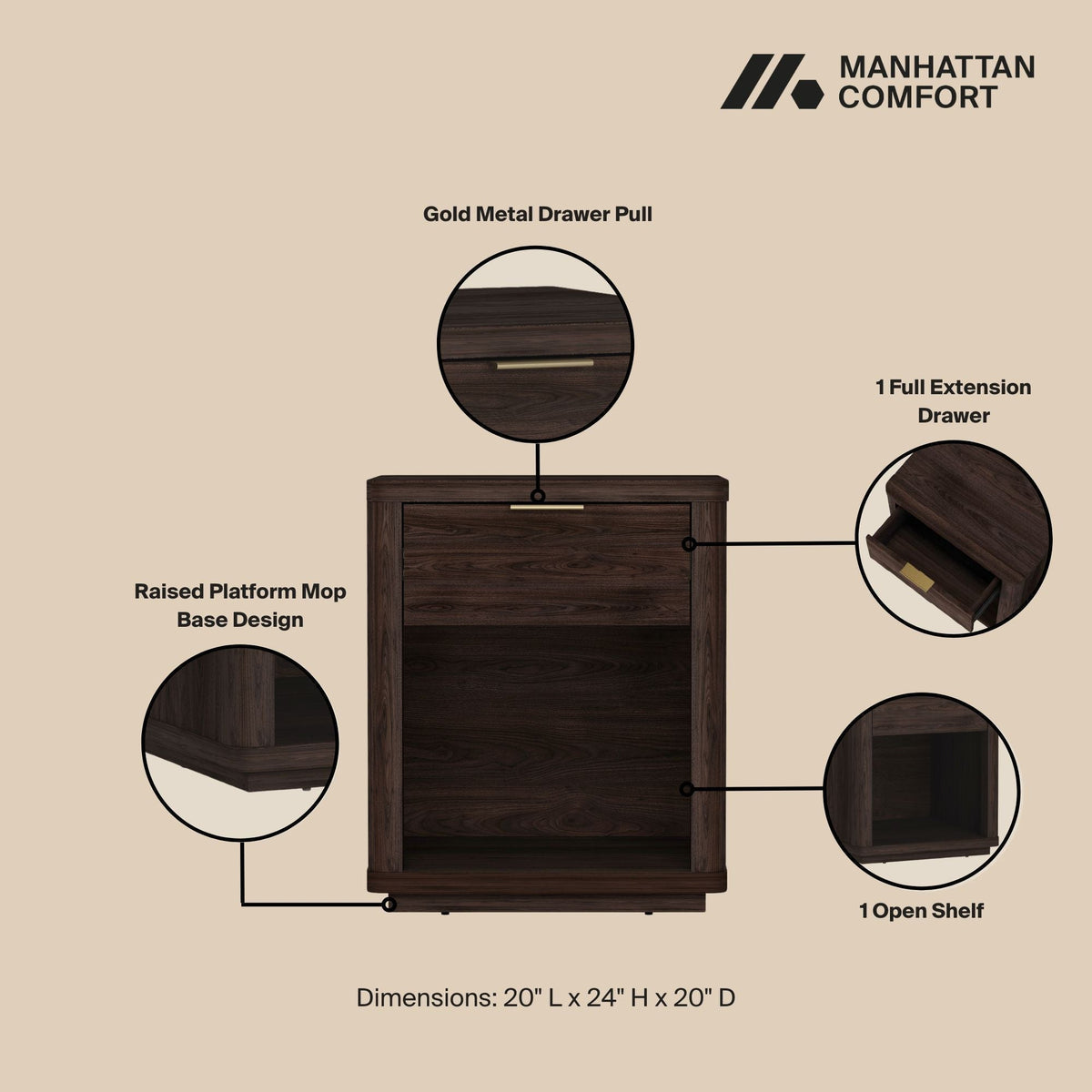 Evelyn - Nightstand With 1 Drawer And Open Shelf