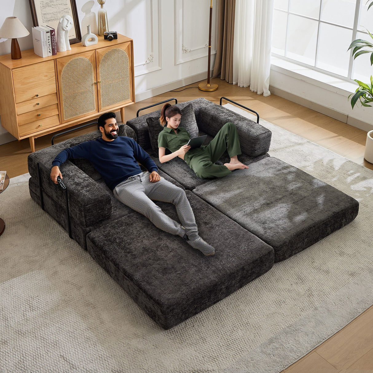 Convertible Floor Sofa Bed With Pillow Back Support Armrest