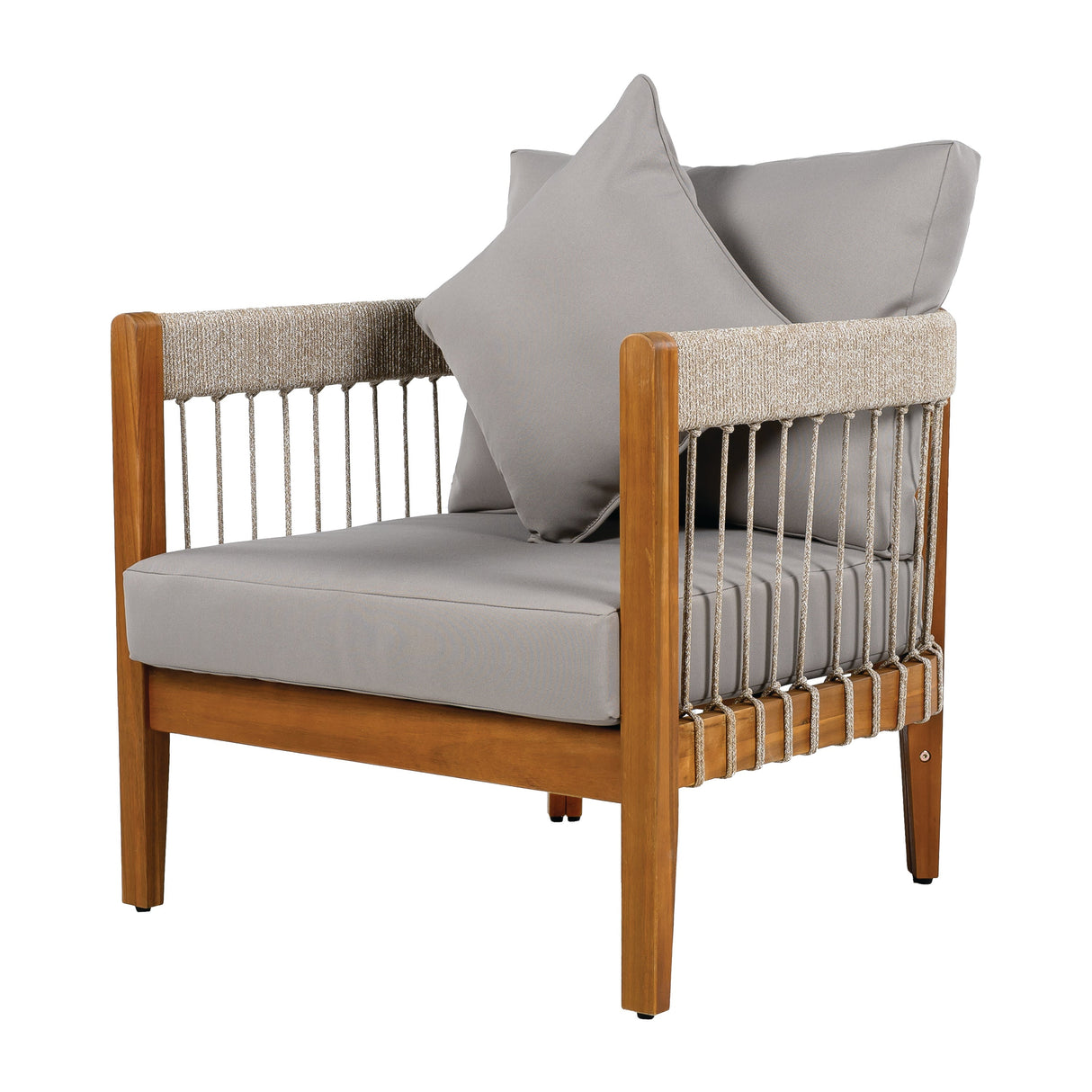Acacia Wood Outdoor Club Chair with Handwoven Rope Accents & Curved Backrest